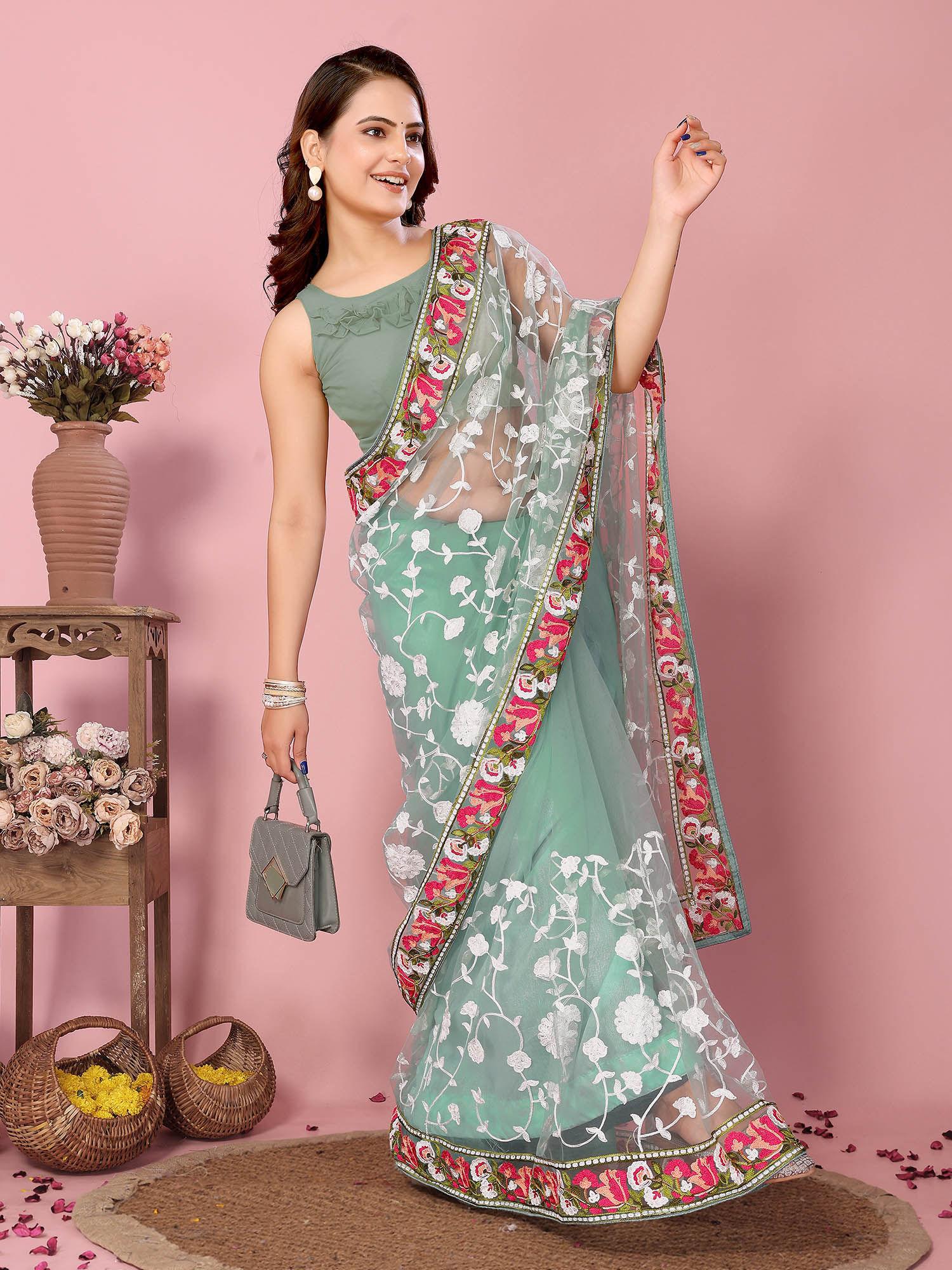 vaamika olive soft net embroidered work saree with unstitched blouse