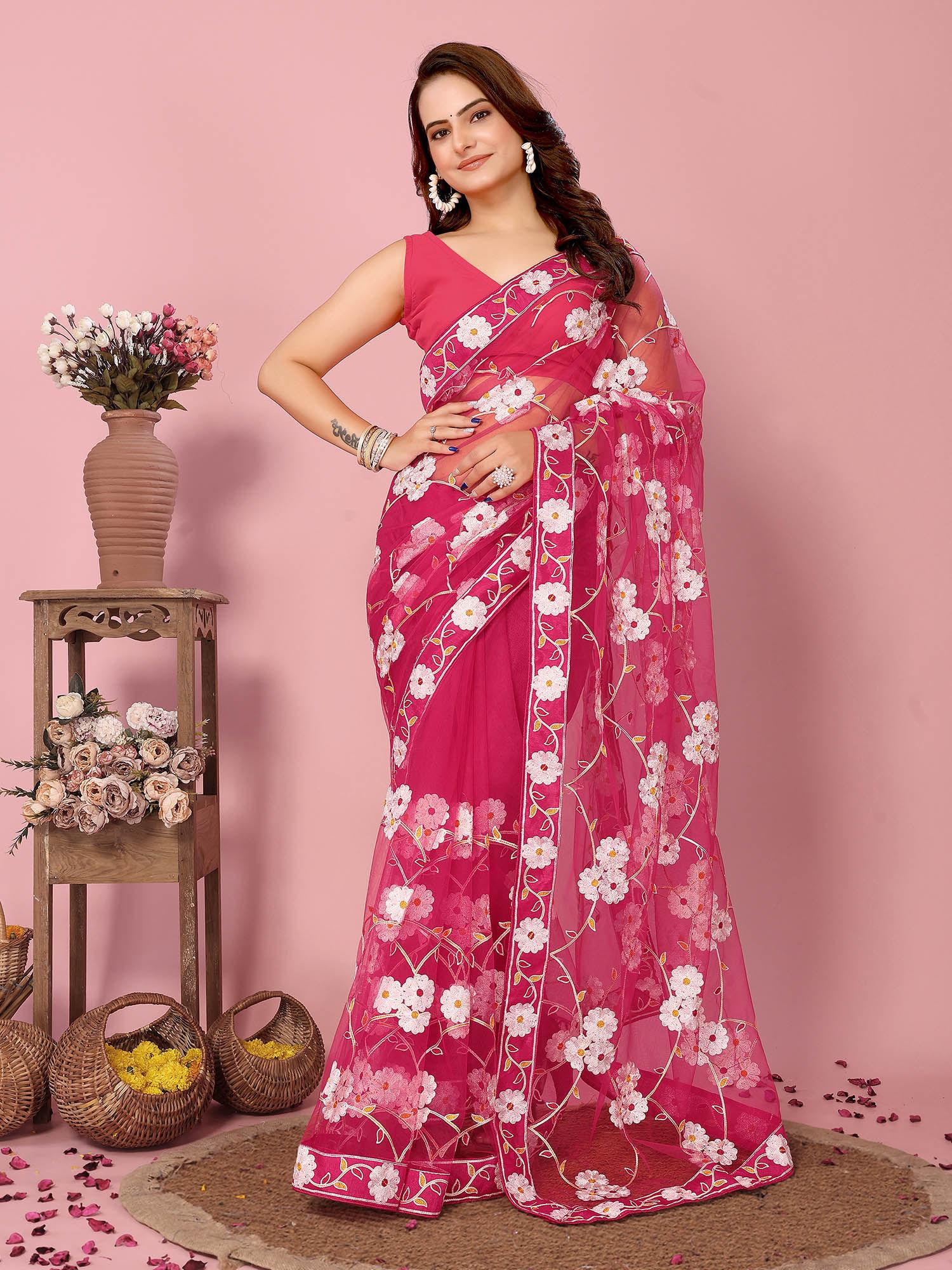 vaamika pink soft net embroidered work saree with unstitched blouse