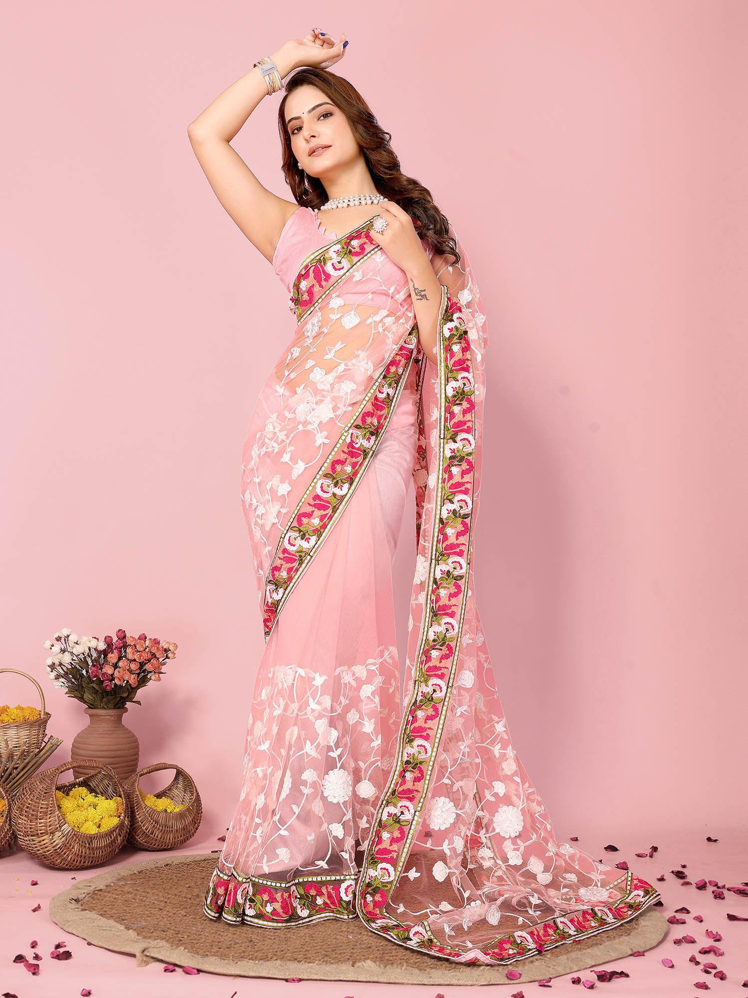 vaamika pink soft net embroidered work saree with unstitched blouse