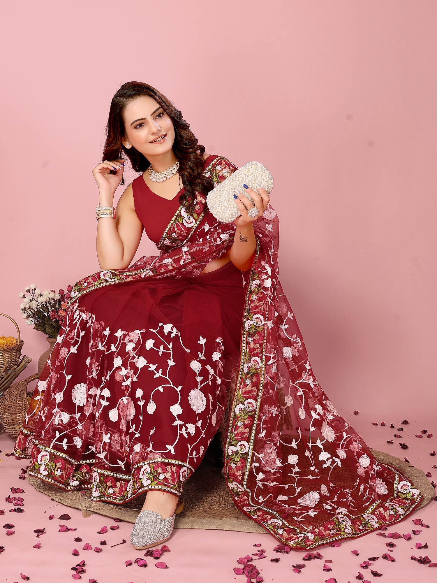 vaamika red soft net embroidered work saree with unstitched blouse