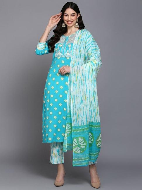 vaamsi blue cotton printed kurta pant set with dupatta