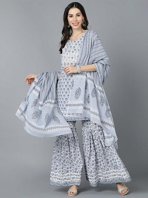 vaamsi blue cotton printed kurti sharara set with dupatta