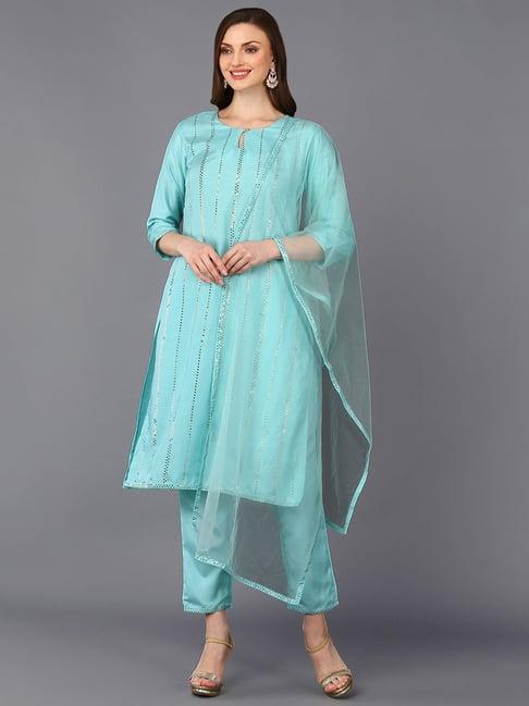 vaamsi blue embellished kurta pant set with dupatta