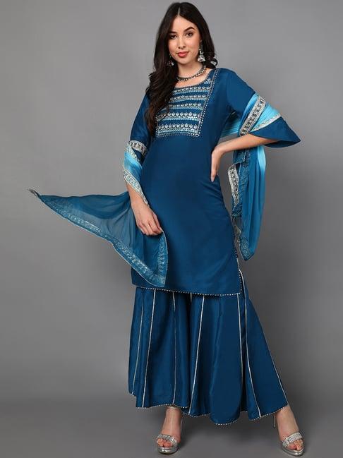vaamsi blue embroidered kurti sharara set with dupatta