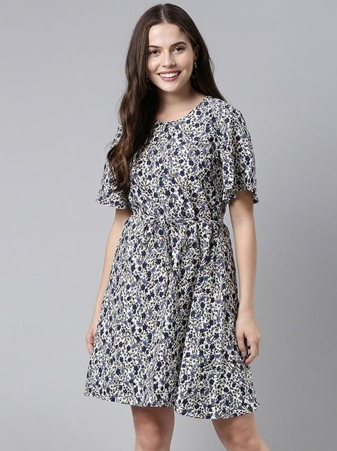 vaamsi cream & blue floral print a-line dress