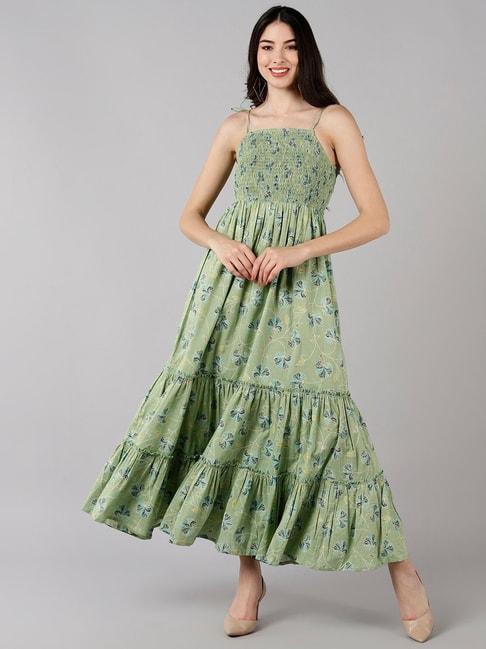 vaamsi green cotton floral print maxi dress