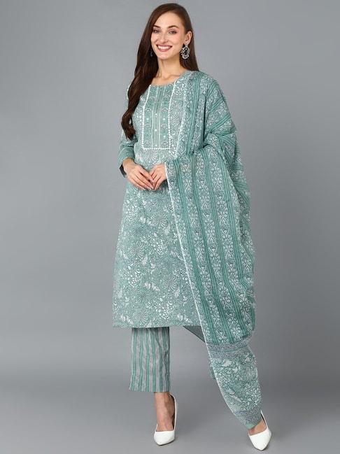 vaamsi green pure cotton floral print kurta pant set with dupatta