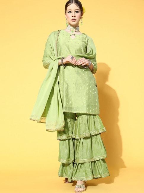 vaamsi green woven pattern kurti sharara set with dupatta