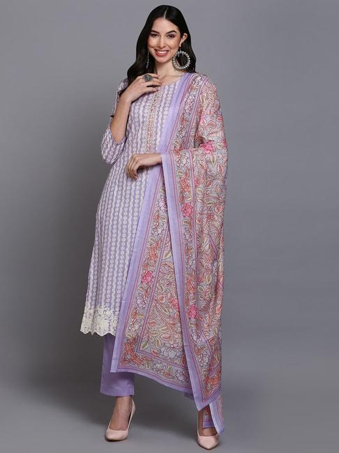vaamsi lilac cotton printed kurta pant set with dupatta