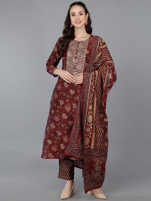 vaamsi maroon embroidered kurta pant set with dupatta