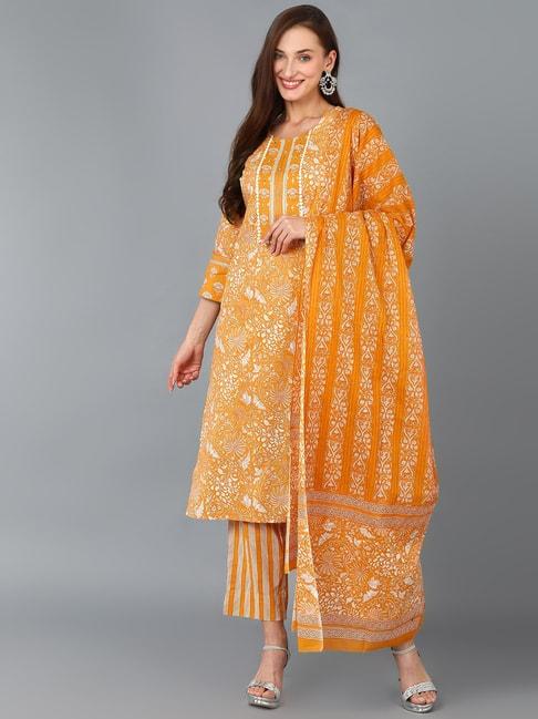 vaamsi mustard pure cotton floral print kurta pant set with dupatta