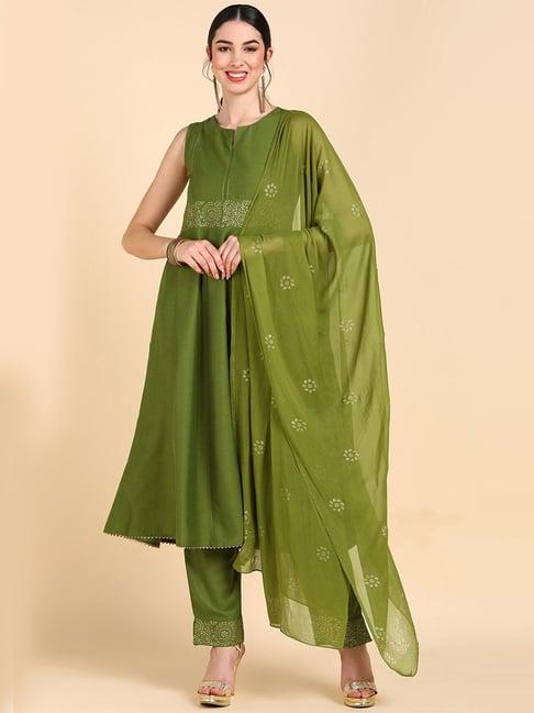 vaamsi olive green printed kurta pant set with dupatta