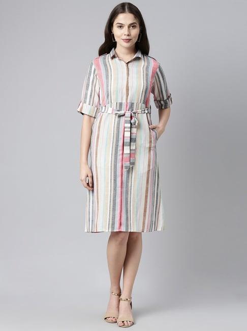 vaamsi beige & grey striped a-line dress