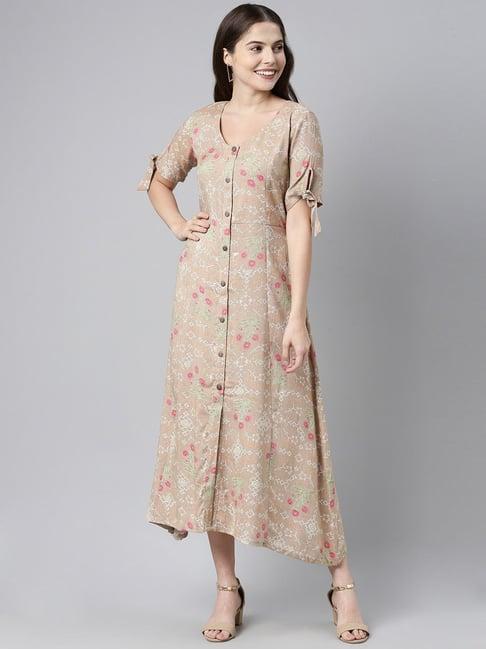 vaamsi beige cotton floral print a-line dress