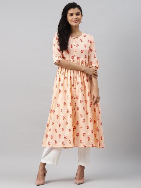 vaamsi beige cotton printed a line kurta