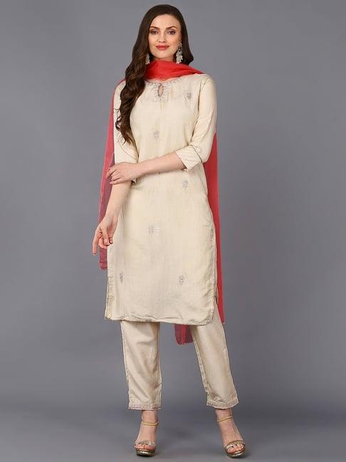 vaamsi beige embroidered kurta pant set with dupatta