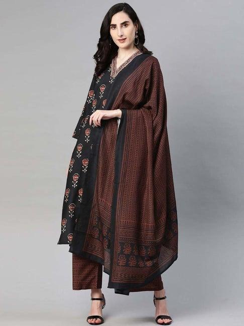 vaamsi black & brown floral print kurta palazzo set with dupatta