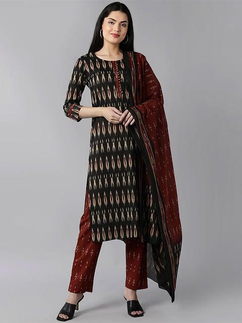 vaamsi black & brown rayon printed kurta pant set with dupatta