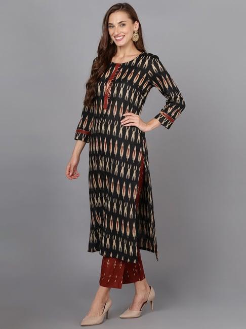 vaamsi black & maroon printed kurta pant set with dupatta