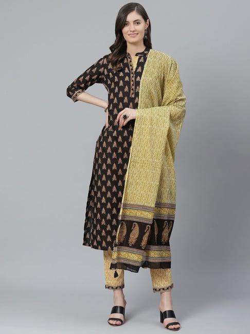 vaamsi black & yellow cotton printed kurta pant set with dupatta