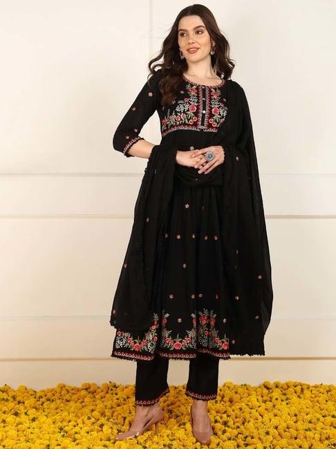 vaamsi black cotton embroidered kurta pant set with dupatta