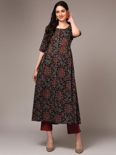 vaamsi black cotton printed a line kurta