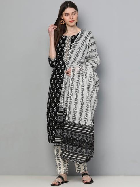 vaamsi black cotton printed kurta pant set with dupatta