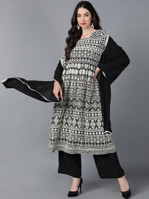 vaamsi black embroidered kurta palazzo set with dupatta