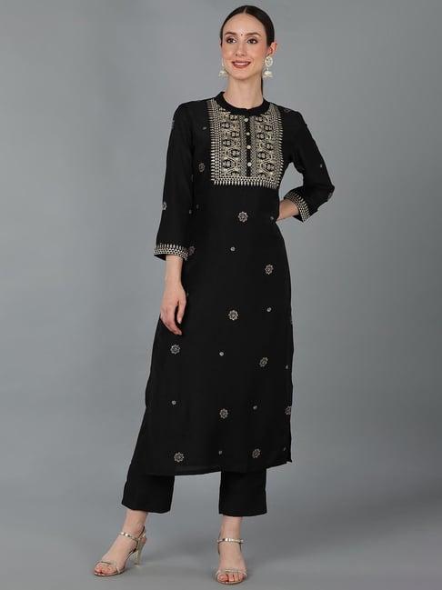 vaamsi black embroidered straight kurta