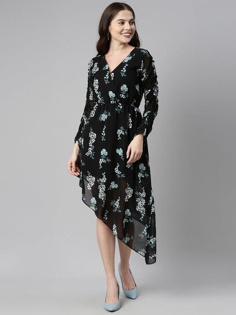 vaamsi black floral print high-low dress