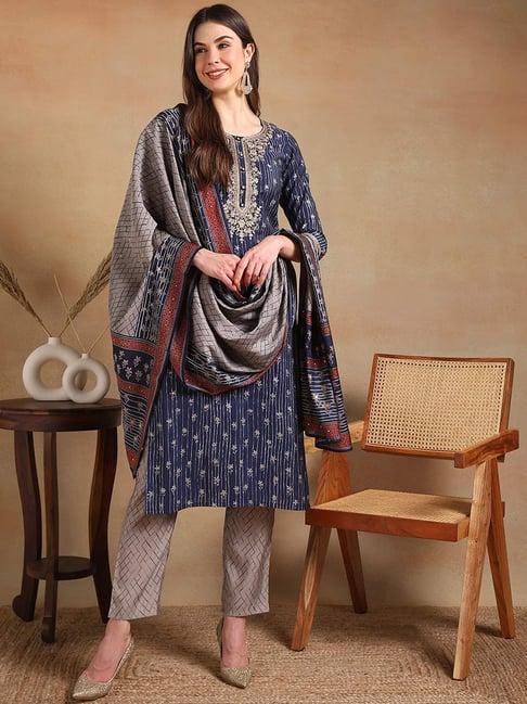 vaamsi blue & grey embroidered kurta pant set with dupatta