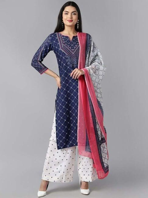 vaamsi blue & white printed kurta palazzo set with dupatta