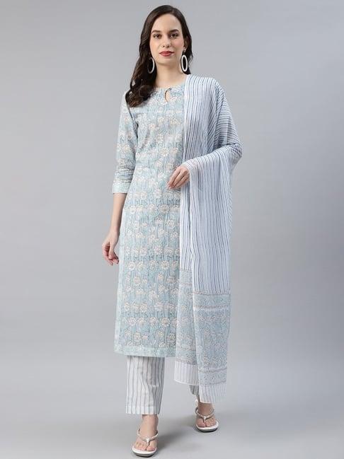 vaamsi blue & white pure cotton floral print kurta pant set with dupatta