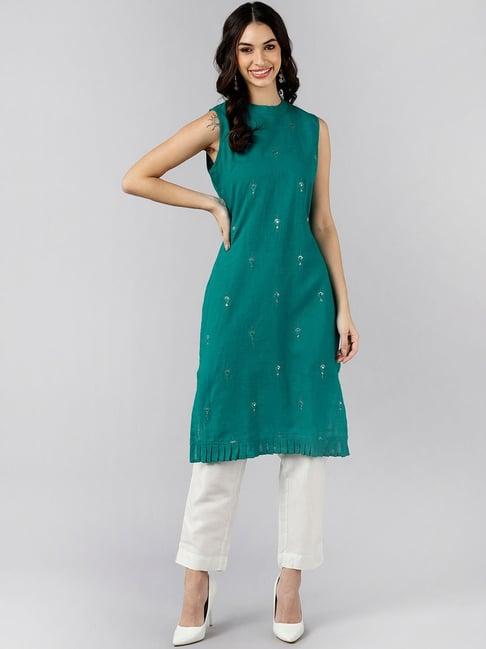 vaamsi blue cotton embellished straight kurta