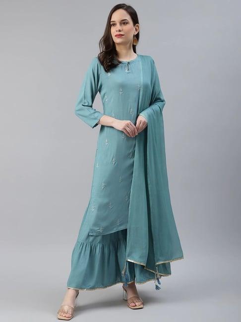 vaamsi blue cotton embroidered kurta sharara set with dupatta