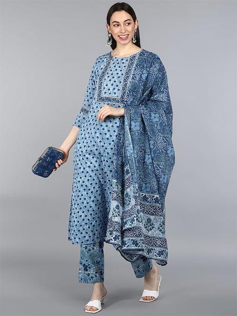 vaamsi blue cotton floral print kurta pant set with dupatta