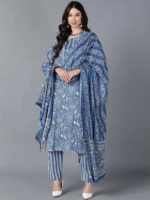 vaamsi blue cotton floral print kurta pant set with dupatta