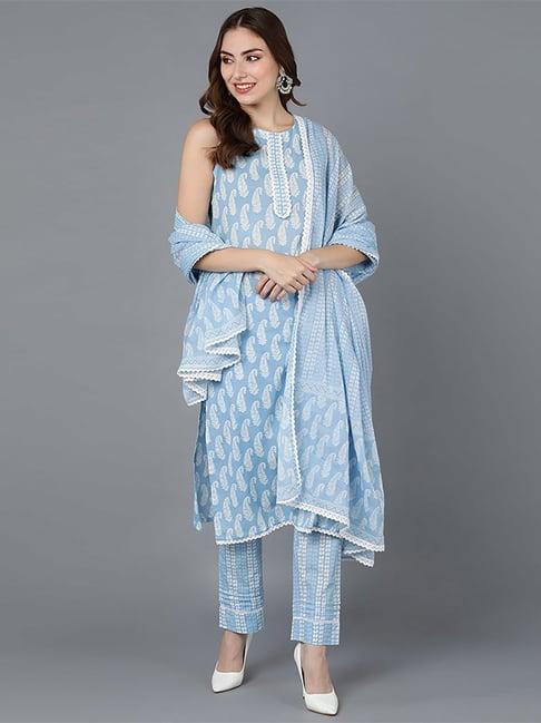 vaamsi blue cotton paisley print kurta pant set with dupatta