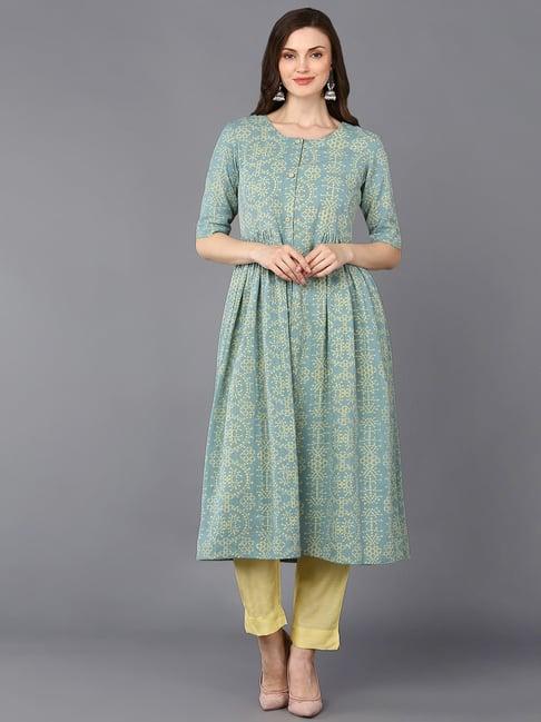 vaamsi blue cotton printed a line kurta