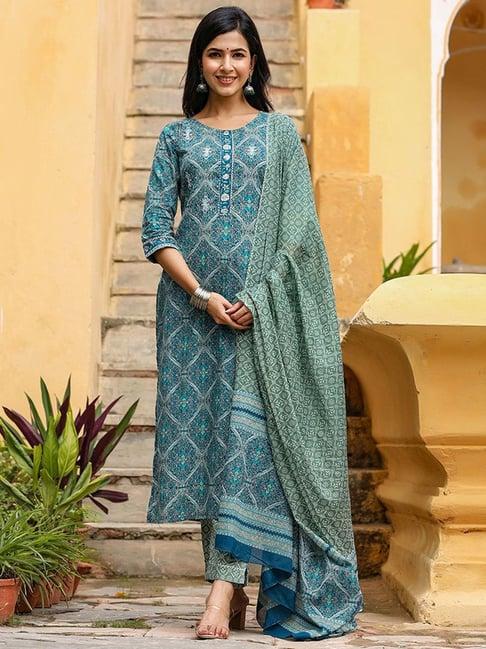 vaamsi blue cotton printed kurta pant set with dupatta