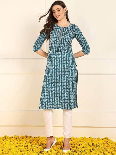 vaamsi blue cotton printed straight kurta