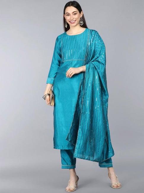 vaamsi blue embellished kurta pant set with dupatta