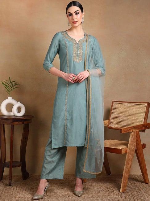 vaamsi blue embroidered kurta pant set with dupatta