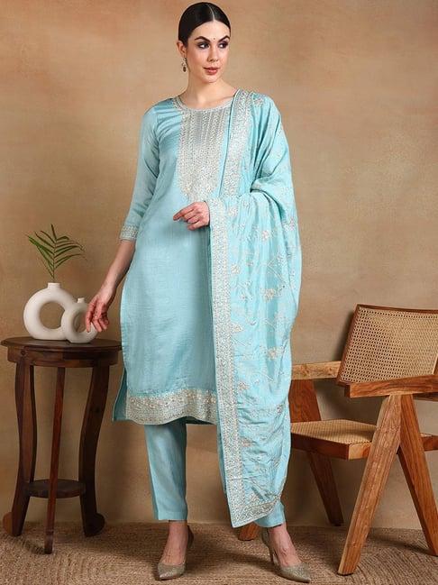 vaamsi blue embroidered kurta pant set with dupatta