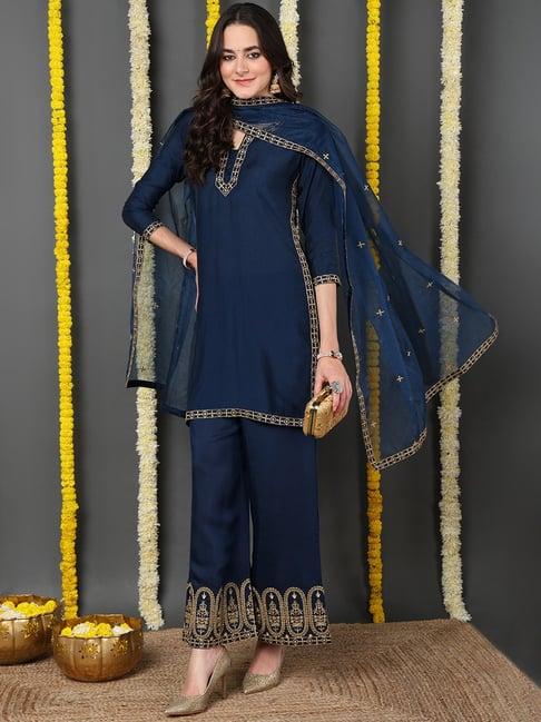 vaamsi blue embroidered kurta with palazzo & dupatta