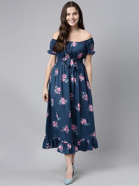 vaamsi blue floral print a-line dress