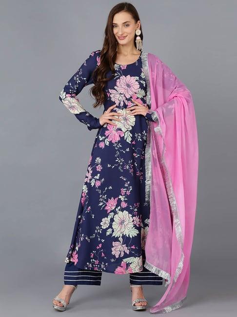 vaamsi blue floral print kurta palazzo set with dupatta