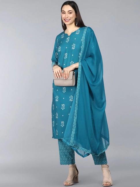 vaamsi blue printed kurta pant set with dupatta