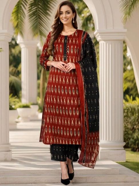 vaamsi brown & black rayon printed kurta pant set with dupatta