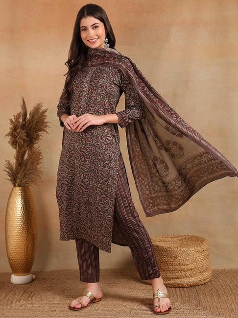 vaamsi brown & grey printed kurta with pant & dupatta